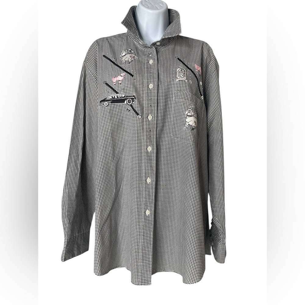 Las Olas Embroidered Black White Check Pink Button Down Shirt Rockabilly Sz XL